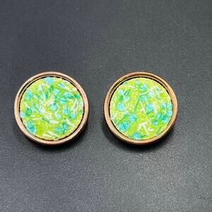 Matisse‎ Renoir Vintage Green Enamel Copper Clip Earrings Round Disc Speckled